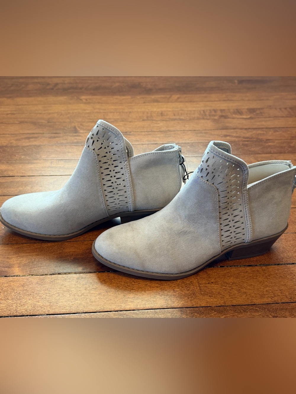 Falls Creek Light Gray Suede Laser-Cut Ankle Booties